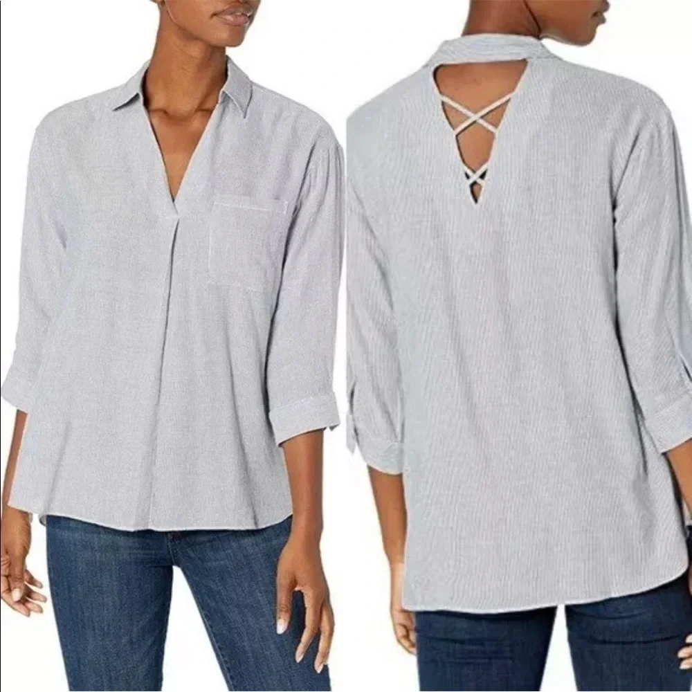 William Rast Blue Chambray Ticking Striped Pullover Top 3/4 Sleeves Sz M - Picture 1 of 11